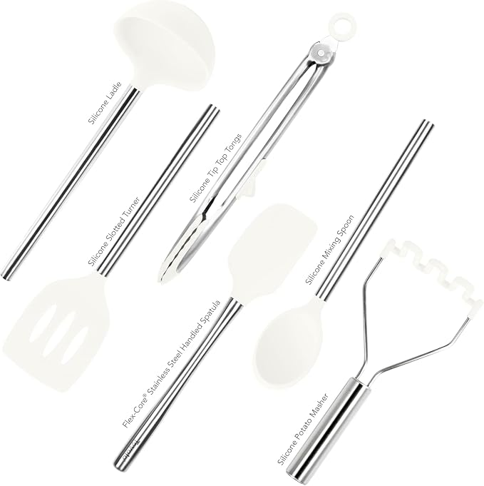 Tovolo Silicone Cooking Utensil Set of 6 Stainless Steel Handle Ladle Slotted Turner Tongs Flex Core Spatula Scraper Mixing Spoon & Potato Masher, Dishwasher Safe BPA Free Utensils, White - Image 5