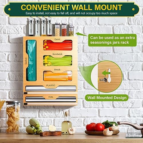 KOCWELL Bag Organizer and Plastic Wrap Dispenser with Cutter, 6 In 1 Bamboo Foil and Plastic Wrap Organizer for Kitchen Drawer, Food Storage Bag Organizer for Gallon,Quart,Sandwich,Snack(Yellow) - Image 6