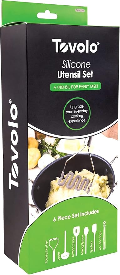 Tovolo Silicone Cooking Utensil Set of 6 Stainless Steel Handle Ladle Slotted Turner Tongs Flex Core Spatula Scraper Mixing Spoon & Potato Masher, Dishwasher Safe BPA Free Utensils, Oyster Gray - Image 4