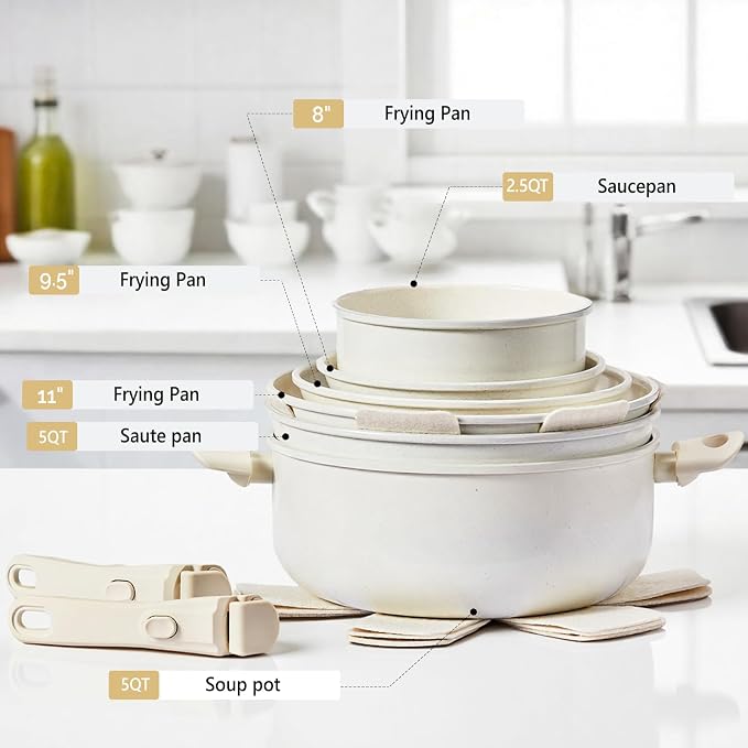 Bonnlo 22 Pcs Nonstick Pots and Pans Set with Lids, Kitchen Cookware Set with Detachable Handle Include Saucepan, Frying and Saute Pan, PFAS PFOA & PFOS Free, RV Induction, Aluminum, Cream White - Image 9