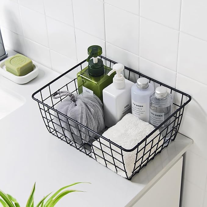 Kitchen Wire Baskets Farmhouse Decor Metal Food Storage Organizer, Household Refrigerator Bin with Built-in Handles for Cabinets,Pantry Set of 2 Black - Image 8