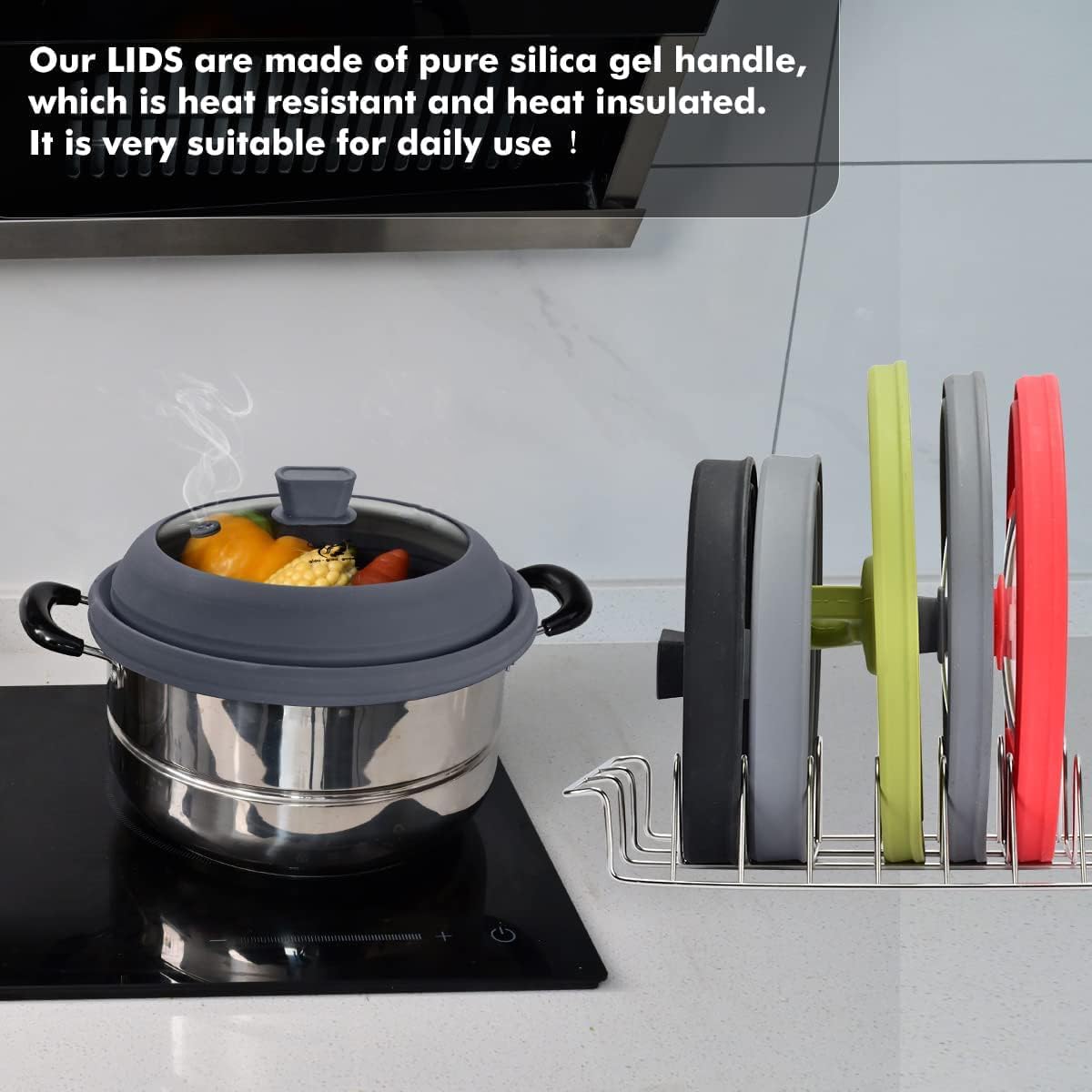 Microwave Splatter Cover Glass Splatter Guard Lid with Collapsible Silicone for Food Pot Plate Cover 11.8 inch Black