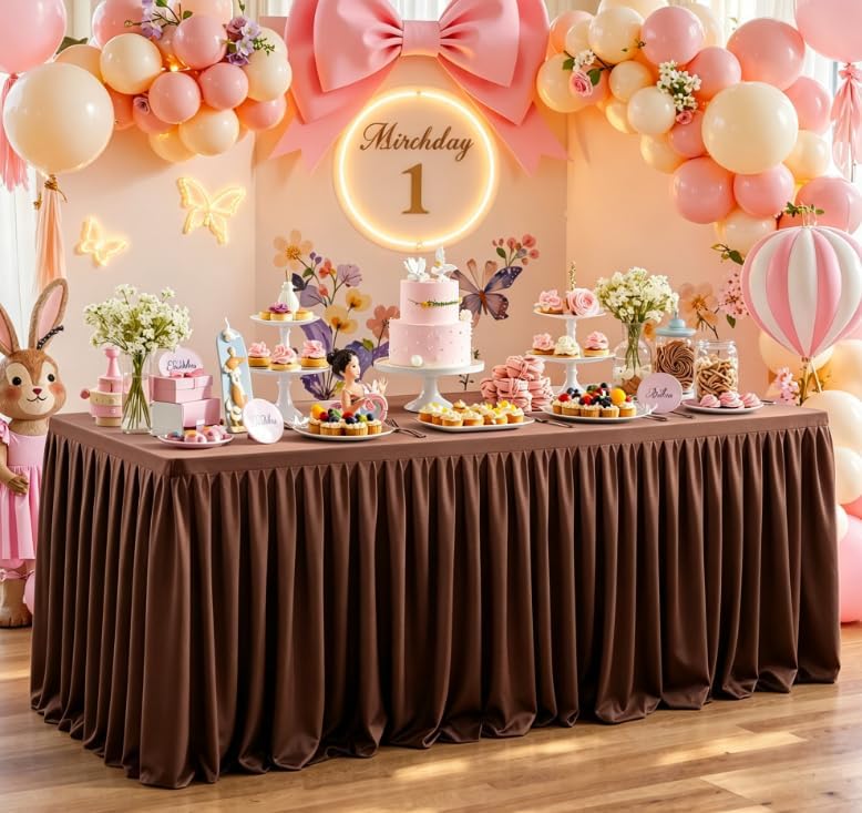 Chocolate Polyester Table Cloths for Rectangle 6 Foot Tables, 6 Pack Wrinkle Free Tablecloths Stretchy Banquet Ruffle Fitted Table Cover Desk Skirt for Parties Wedding Birthday Baby Shower - Image 3