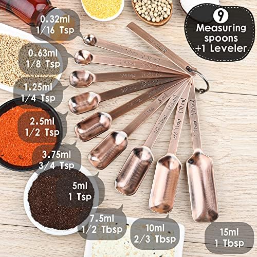 Copper Measuring Spoons Set 10, Stainless Steel Measuring Spoons for Kitchen & Baking, Long Handle Metric & US Metal Measure Spoon with 1/16tsp, 3/3tsp, 2/3tbsp for Spice Jar - Image 4