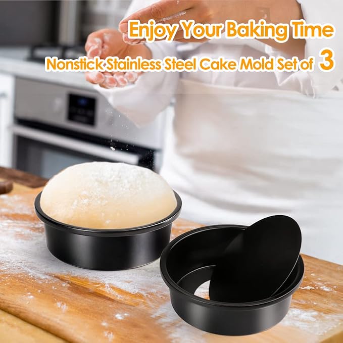 6 Inch Round Cake Pan Set of 3, Nonstick Coating Baking Round Cake Pans with Remvable Bottom for Birthday Layered Cakes,Party, Circle Cake Tins With Wider Grips for Oven Air Fryer, Black - Image 7