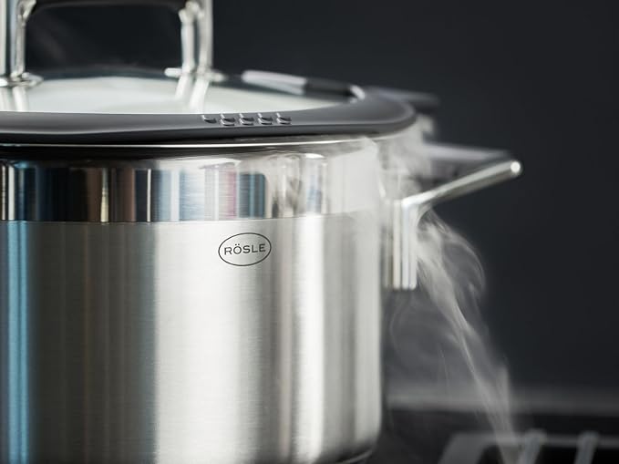 RÖSLE Silence Pro Stewing Pan, High-Quality Universal Pot Made of 18/10 Stainless Steel, 20 cm, Glass Lid, Inner Scale, Suitable for Induction Cookers, Dishwasher Safe, Silver/Black - Image 5
