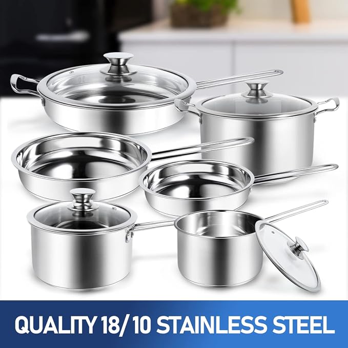Aufranc 10-Piece Pots and Pans Set, Stainless Steel Cookware Set- Includes Ergonomic Handle Saucepans, Skillets, Dutch Oven, Stockpot, Steamer & More - Premium Pots and Pans for Home Chefs - Image 8