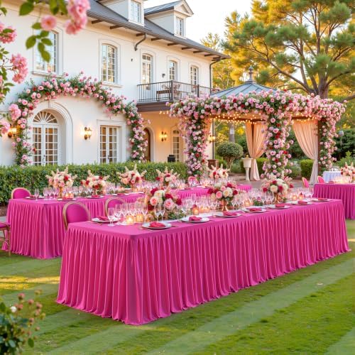 PARTISKY 2 Pack Hot Pink Tablecloths for Rectangle Tables 8ft, Wrinkle Resistant Spandex Table Cover Fitted Stretch Table Cloth with Pleated Ruffle Skirts for Party Banquet Dining Birthday Wedding - Image 7