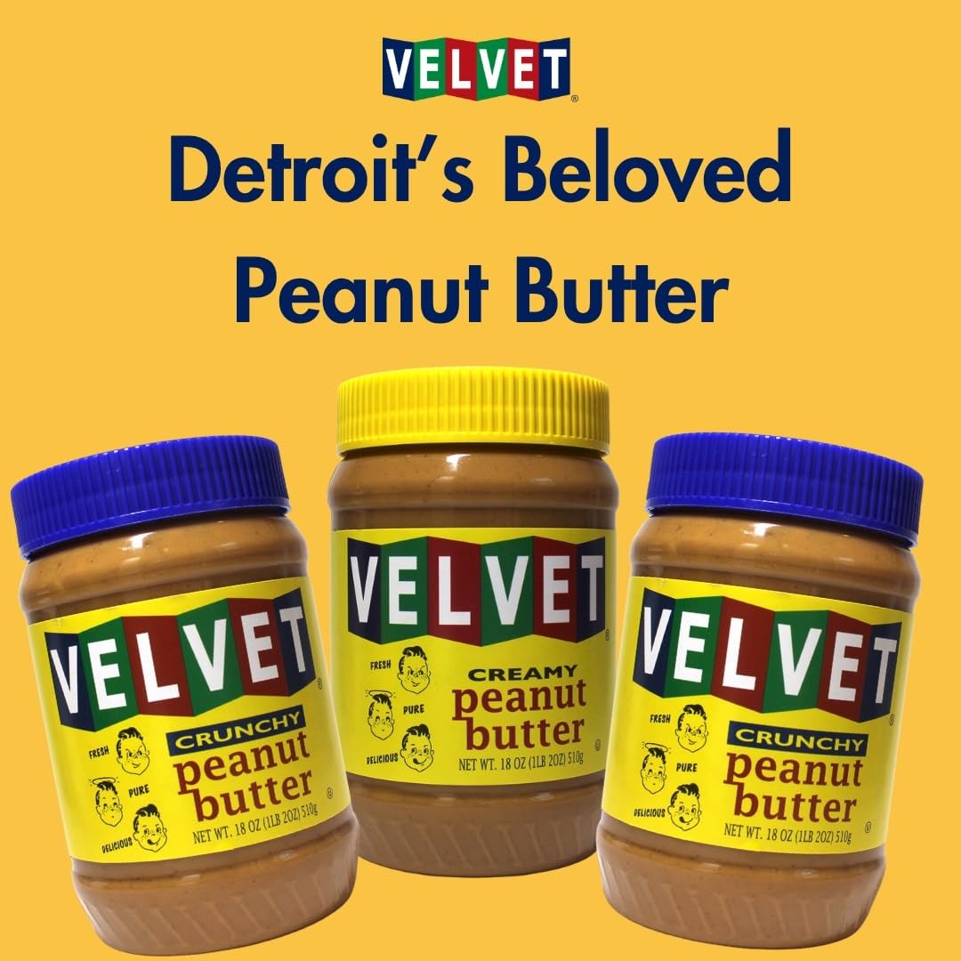 Velvet Peanut Butter, Crunchy – Detroit’s Classic Since 1937, with “Fresh, Pure, Delicious” Label, Made in the USA, Gluten-Free, Packed with Roasted Peanut Chunks, Perfect for Sandwiches, Baking & Snacking (12 Jars, 18oz Each)