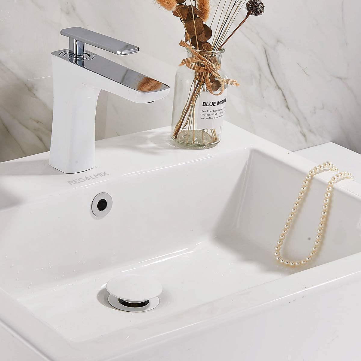 Vessel Sink Drain, Bathroom Faucet Vessel Sink Pop Up Drain Stopper, Built-in Anti-Clogging Strainer, with Overflow White, Fits Standard American Drain Hole(1-1/2" to 1-3/4") RWF083N