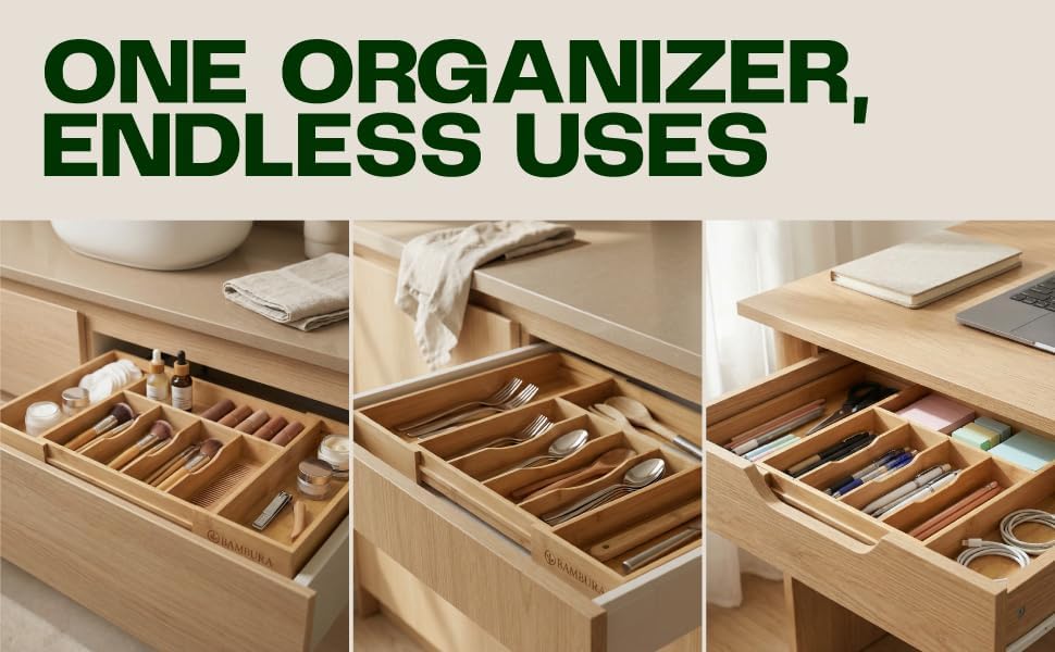 Expandable Bamboo Silverware Drawer Organizer, Utensil Holder Tray | 6 Compartments, 3 Movable Dividers, Fits 11.9-20.8 in Wide, Non-Slip Base, Cutlery & Flatware Caddy for Kitchen, Bath, Office - Image 6