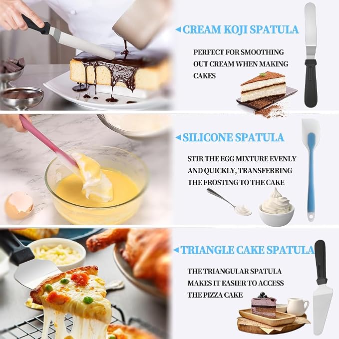 78PCS Cake Supplie With 12Inch Aluminum Alloy Rotating Cake Stand Turntable | For Cake Decorating With Steel Icing Scrapers,Piping Tips and Bags,Cake Leveler,Icing pen,Pie server,Spatula - Image 7