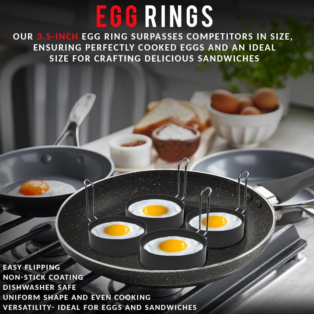 Eggssentials Griddle Breakfast Kit Compatible with Blackstone Griddle, Pancake Batter Dispenser, Bacon Press, 4 Egg Rings & Stainless Steel Spatula - Best for Indoor-Outdoor Cooking.