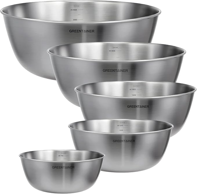 Greentainer Stainless Steel Mixing Bowls Set of 5 | 5.2 to 0.8 Qt Nesting Bowls with Measurement Markings | Dishwasher Safe | Metal Kitchen Bowls for Baking, Prepping, Cooking and Serving Food - Image 8