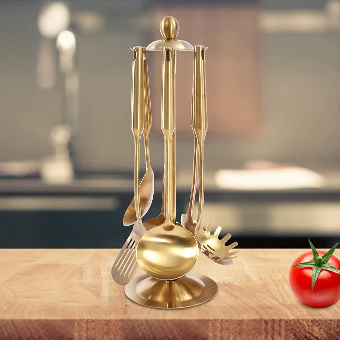 7-Piece Gold Kitchen Utensils Set with Rotating Stand, Food-Grade 304 Stainless Steel Kitchen Cooking Utensils Set Includes Spatula, Slotted Turner, Ladle, Skimmer, Pasta Server, Large Rice Spoon - Image 8