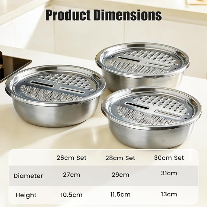 Germany Multifunctional Stainless Steel Basin, 3 in 1 Multifunctional Stainless Steel Basin Strainer Set with Grater, Strainer Drain Basket for Rinsing Draining Mixing (L (11.02in)) - Image 7