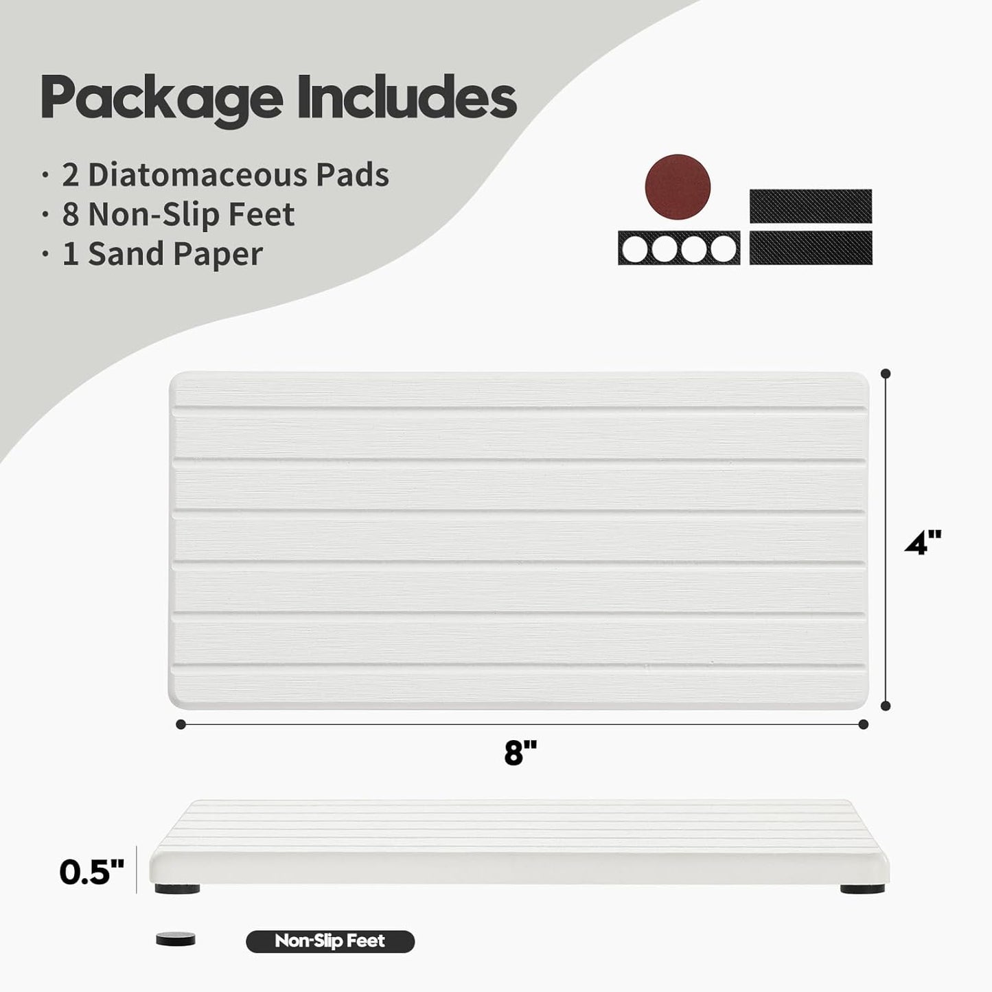 2PCS Water Absorbing Stone Drying Tray Mat For Bathroom Sink & Kitchen Counter Faucet Organizer Decor, Quick Dry Dish Soap Dispenser Sponge Holder, Vanity Sink Caddy Bar Coaster,White-8"*3.8"