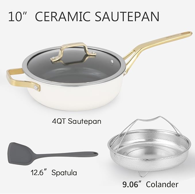 10-in-1 White Ceramic Nonstick Deep Saute Pan Set With Steamer & Lid, 4QT - Image 9