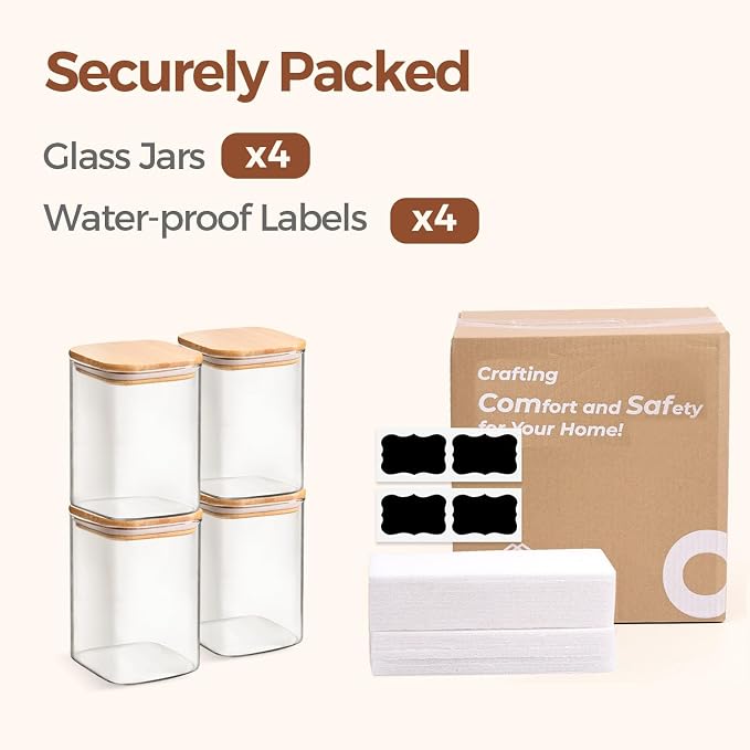 ComSaf Square Glass Containers with Lids 1.2 Qt, Set of 4 Pantry Glass Jars | Kitchen Glass Pantry Storage Containers, Storage Canisters, Silicone Seal, Dry Food, Cookie, Flour, Spice, Coffee, BPA Free - Image 8