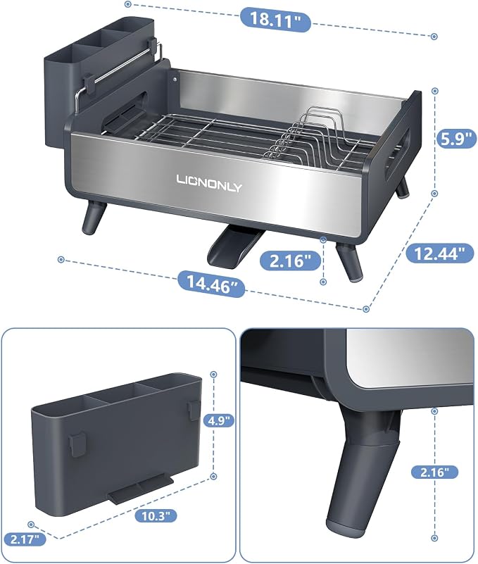 Dish Drying Rack with Drain Board, 304 Stainless Steel Core, Aluminum Rustproof Frame, Anti-Slip Elevated Feet, Removable Adjustable Spout, Utensil Holder, Gray - Image 7