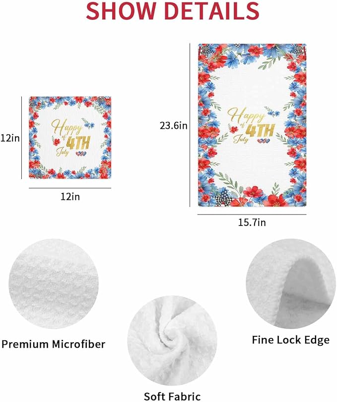 4th of July Hand Towels Set, Waffle Weave Kitchen Towels 2 Pieces, Summer Red Blue Patriotic Flowers Leaves Microfiber Hair Face Bath Tea Towel Absorbent Quick Drying Cleaning Dish Cloths, 15.7"x23.6" - Image 7