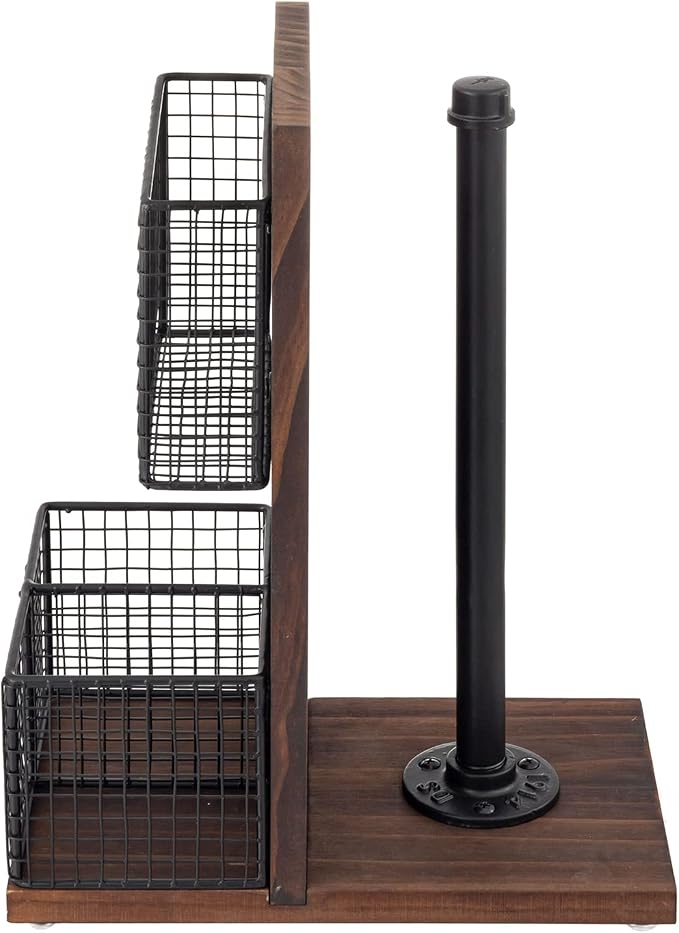 MyGift 3-in-1 Kitchen Organizer with Paper Towel Holder, Napkin Holder & Spice Rack - Rustic Wood & Industrial Metal Pipe Caddy for Farmhouse Dining Table - Image 7