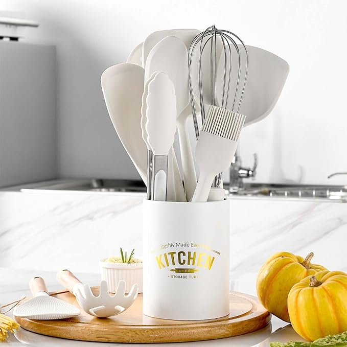 Silicone Kitchen Utensils Set,446°F Heat Resistant 13 Piece Wood Handle For Non-stick Cooking Set (BPA Free) Turner,Tongs,Spatula,Spoon,Brush,Whisk -White - Image 7