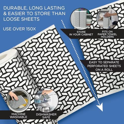 LOLA Swedish Dishcloths XL on a Roll, 30 Sheets, Geometric Pattern, Perforated 11" x 10" Sheets w/Hook, Reusable Absorbent Unpaper Towels Cellulose Sponge Cloth Biodegradable Made in Germany - Image 6