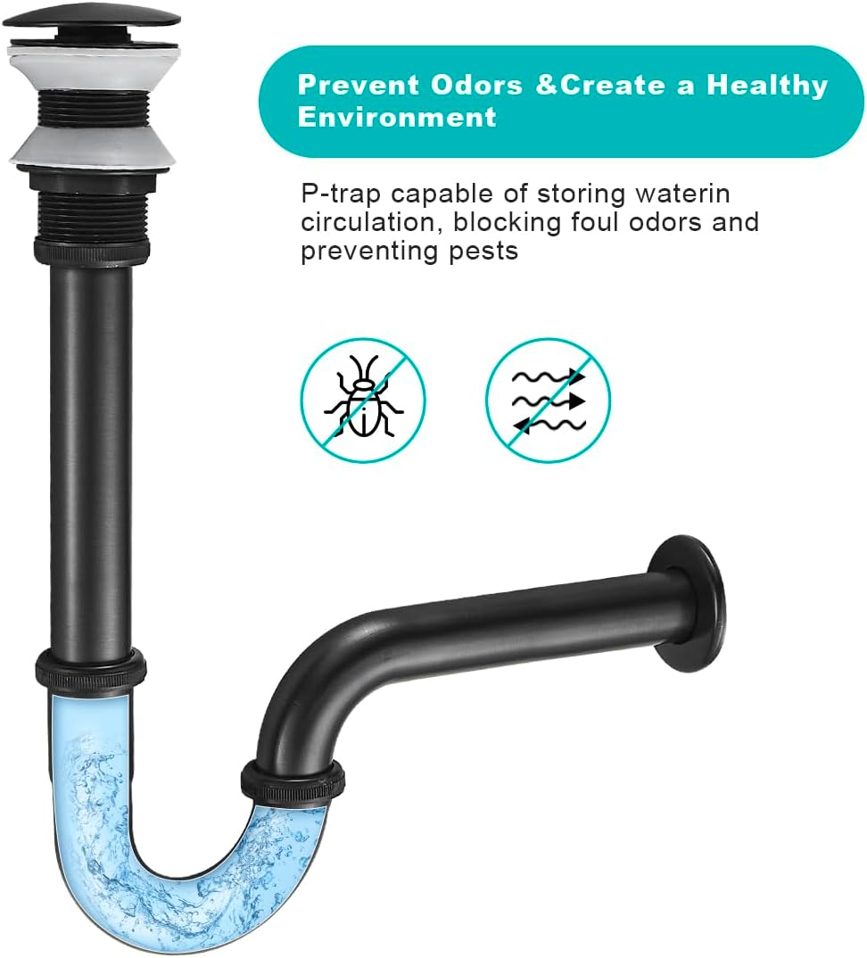 U Shape P-trap Stopper Complete Set, Adjustable Height 1-1/4 Bottle Trap Basin Sink Waste Drain P Trap Set Without Overflow, Oil Rubbed Bronze