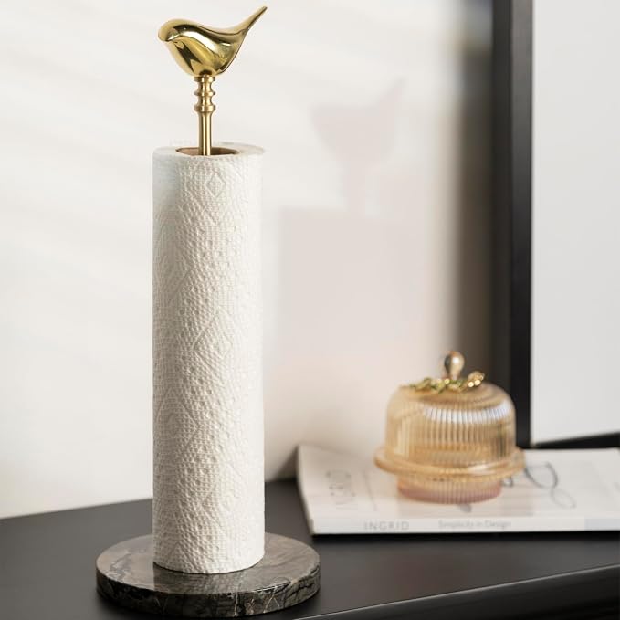 Paper Towel Holder Countertop with Heavy Marble Base, Standing Paper Towel Roll Holder for Kitchen Bathroom, with Weighted Base for One-Handed Operation (Black Base) - Image 9