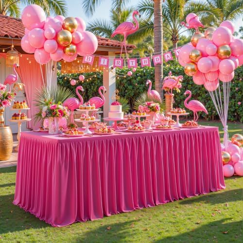 PARTISKY 1 Pack Hot Pink Tablecloths for Rectangle Tables 8ft, Wrinkle Resistant Spandex Table Cover Fitted Stretch Table Cloth with Pleated Ruffle Skirts for Party Banquet Dining Birthday Wedding - Image 7