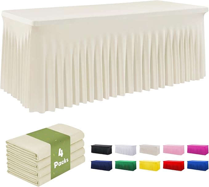 Leegleri 4 Pack Ivory Spandex Tablecloths for 8ft Rectangle Tables, Wrinkle Free Fitted Table Cloths with Skirt for Parties, Weddings, Birthday, Banquet, Baby Shower - Image 8