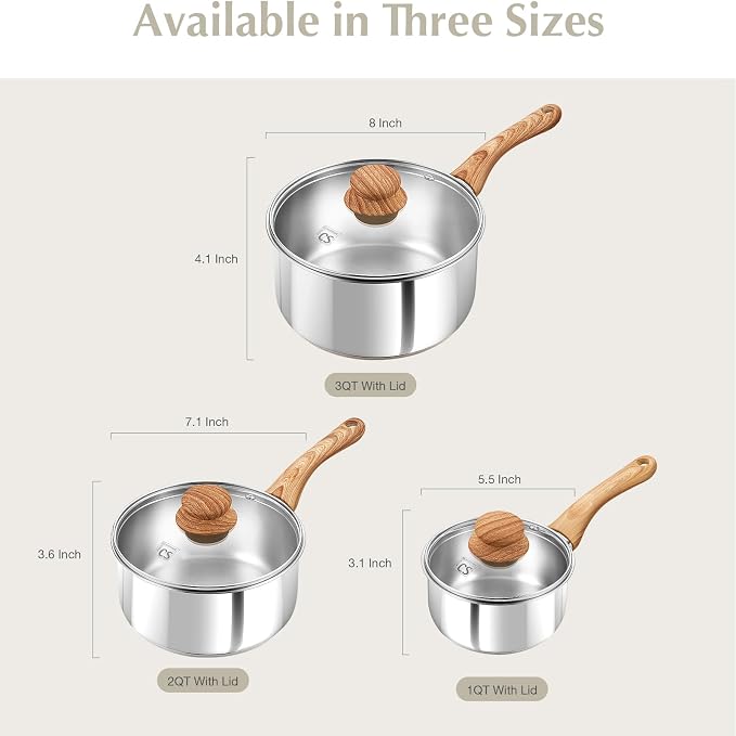 KOCH SYSTEME CS Stainless Steel Pots, 6 Piece Sauce Pan Set with Lids, 1QT, 2QT, 3QT Stainless Steel Saucepan with Cool-Touch Handles, 5-layers Base Pots, Induction Compatible Sauce Pan, Pot Set - Image 7