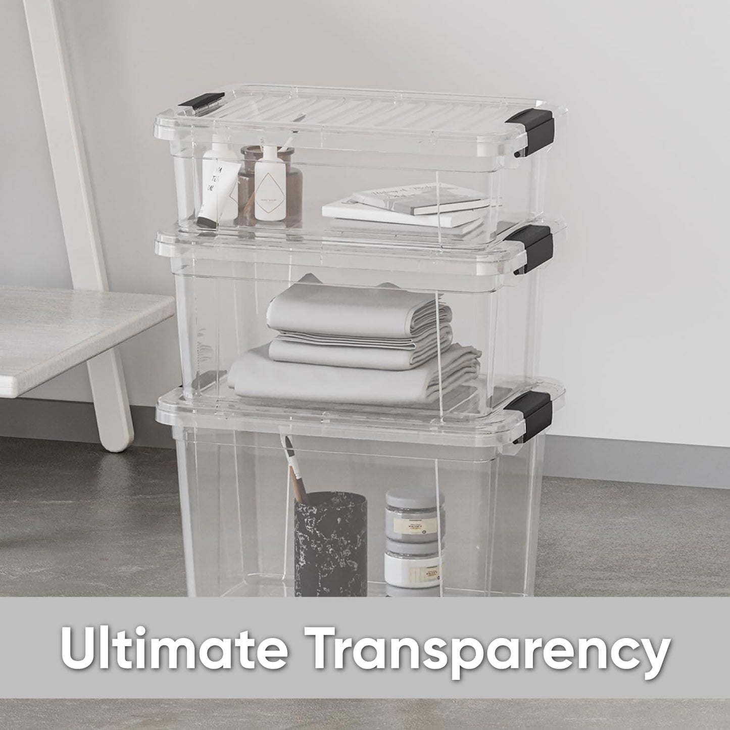 Superio Clear Storage Boxes with Lids, 26.5 Quart Plastic Container Bins for Organizing, Stackable Crates, BPA Free, Non Toxic, Odor Free, Organizers for Home, Office and Dorm, 4 Pack