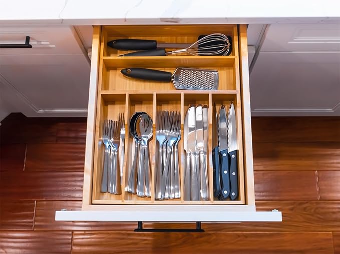 Umilife Kitchen Drawer Organizer, 12.5 Inch Silverware Utensil Tray Holder, Extra Deep, with Non-Slip Feet & Grooved Drawer Divider, 7 Slots Total Bamboo Wood Caddy for Flatware Cutlery Knives - Image 7