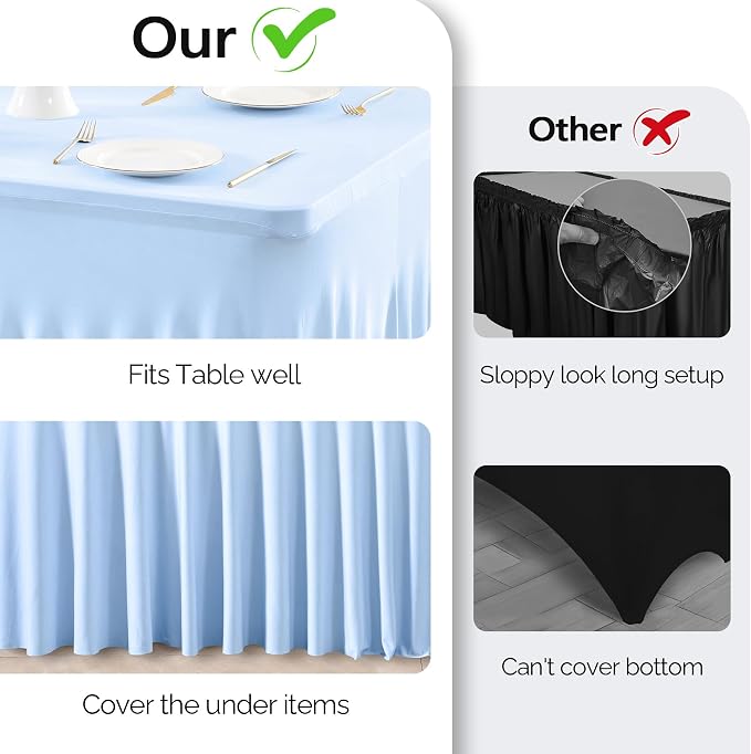 Wish Care 6 Pack Baby Blue Stretch Spandex Table Clothes for 4 Foot Rectangle Tables, 4FT Wrinkle Free Fitted Tablecloths Ruffles Design Table Cover for Party, Banquet, Wedding and Events - Image 7