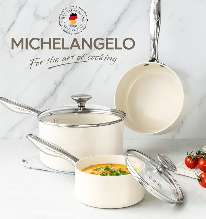 MICHELANGELO Sauce Pan Sets - Ceramic Sauce Pan with Lid, Nonstick Saucepan Set, 1Qt & 2Qt & 3 Qt Small Pots for Cooking, Non-Toxic Sauce Pot, White - Image 7