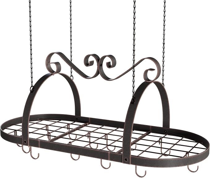 Metal Hanging Pot Rack Ceiling Mount, Vintage Oval Pot and Pan Storage Rack | 33" Metal Ceiling Pan Hanging Rack with 15 Hooks, Decorative Vintage Brown Pot Hangers for Kitchen Organize Utensils Cookware - Image 8