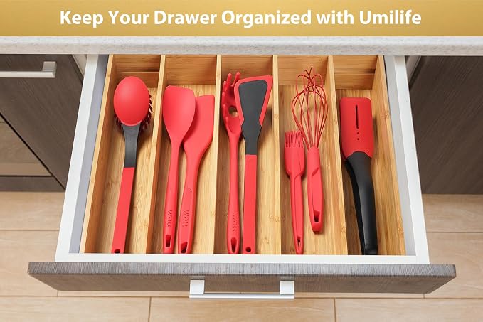 Umilife Expandable Kitchen Drawer Organizer, 2.5" High Bamboo Utensils Silverware Tray, Adjustable Large Deep Wood Organization Holder - Image 6