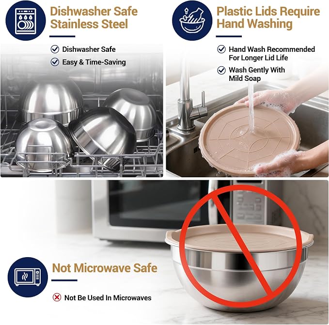 WEPSEN Mixing Bowls Set, 25PCS Khaki Mixing Bowls With Lids Set Stainless Steel Kitchen Large Nesting Metal Bowl 7QT to 1.5QT, Measuring Cups and Spoons for Prepping Cooking Serving - Image 9