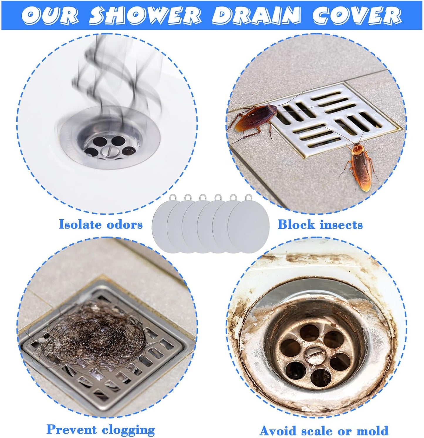 Yinkin 6 Pcs Drain Covers to Keep Bugs Out Silicone Shower Floor Tub Stoppers Bathtub Drain Stoppers Sewer Anti-Odor Mats Deodorizing Plugs for Bathroom(6 x 6 Inch,Round,Grey)