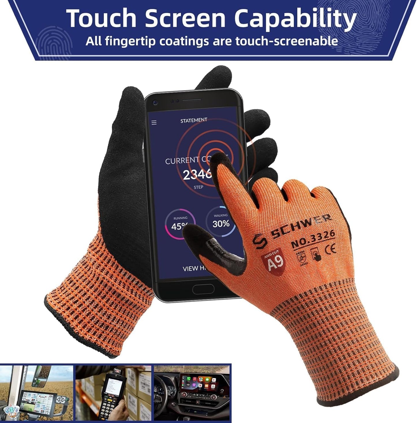 Schwer ProGuard Highest Level Cut Resistant Work Gloves PR3326 for Extreme Protection,ANSI A9 Cut Gloves with Reinforced Thumb, Non Slip, Non PFAS, Durable, Touch-screen, Orange 2 Pairs(L)