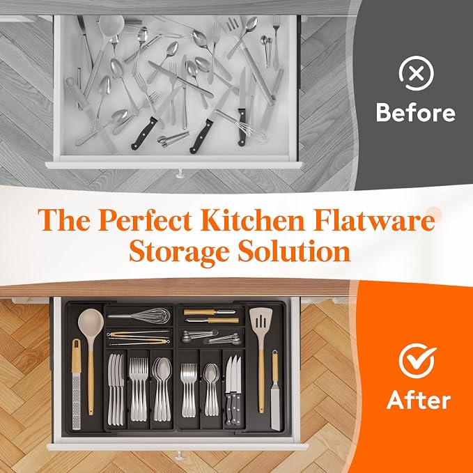 Lifewit Silverware Drawer Organizer, Expandable Plastic Utensil Tray | BPA Free Plastic Cutlery Kitchen Holder, Adjustable Flatware Storage for Spoons Forks Knives, 18- 28 x 16.7", Black - Image 8