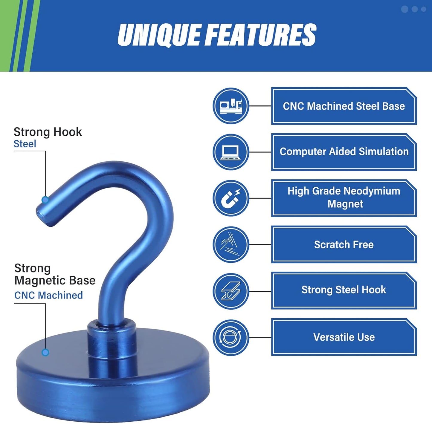 Neosmuk Magnetic Hooks Heavy Duty,Strong Magnet with Hook for Fridge, Super Neodymium Extra Strength Industrial Hooks for Hanging, Magnetic Hanger for Toolbox, Cruise, Grill(Navyblue,10 Pack)