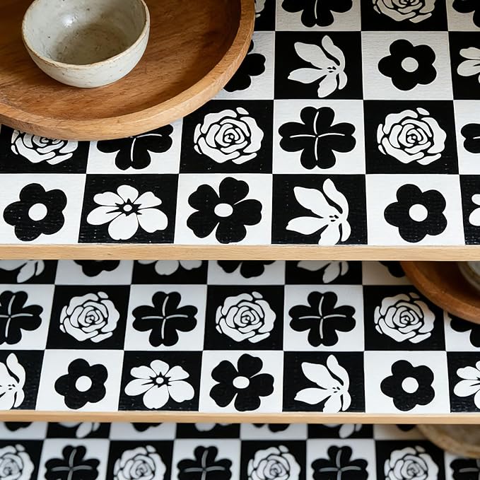 Shelf Liners Non Adhesive Non-Slip Black & White Checkerboard Floral - Image 9
