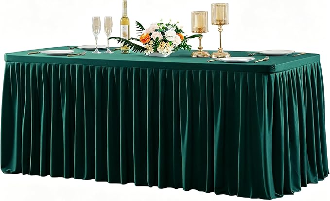Wish Care Hunter Green Polyester Table Clothes for 4 Foot Rectangle Tables, Wrinkle Free Fitted Table Cover with Pleated Ruffle Table Skirt for Birthday Party Wedding Trade Show Event Display by WishCare