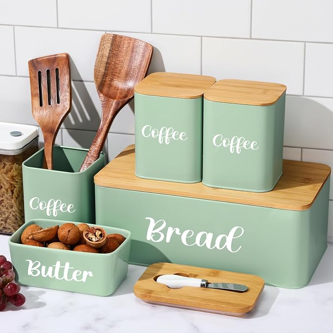 Domensi Metal Bread Box and Ceramic Butter Dish with 3 Airtight Kitchen Canisters Farmhouse Storage Canister Set for Kitchen with Bamboo Cutting Board Lid and Stainless Steel Butter Knife (Green) - Image 6