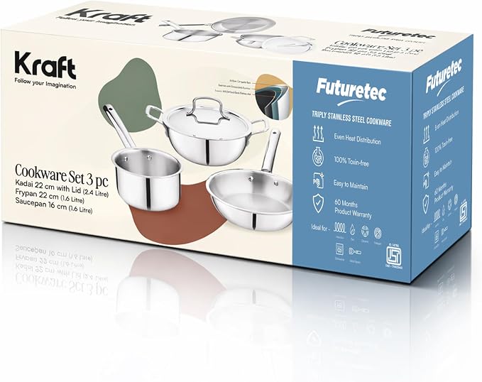 Kraft Fututretec Triply Stainless Steel Cookware 4 Pc Combo Gift Set / 3.2 L - 22 cm Kadai with Lid, 22 cm Frypan, 1.6 L - 16 cm Saucepan/Induction Base Utensil - 5 Year Warranty - Image 9