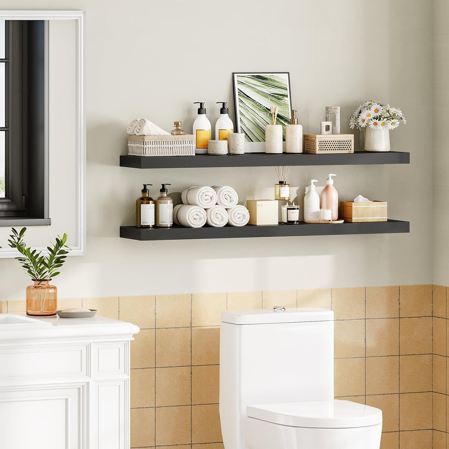 HOOBRO Floating Shelves for Wall, Wall Mounted Shelf Set of 2, 47.2" Hanging Shelf with Invisible Brackets, for Wall in Bathroom, Bedroom, Toilet, Kitchen, Living Room, Office, Black BK120BJP201