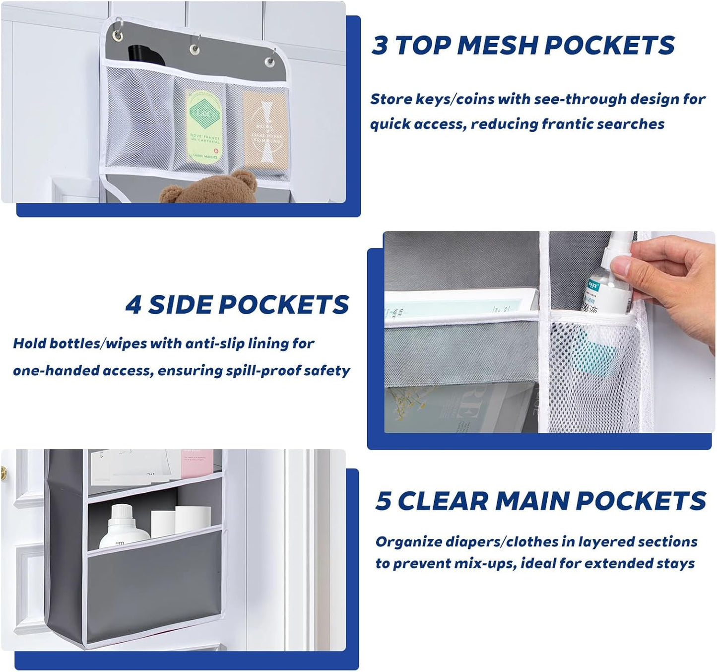 Over The Door Organizer - 6 Capacity Large Pockets & 7 Mesh Compartments, Anti-Tilt Design Holds 44 lbs, for Bathroom, Nursery, Dorm, Pantry & Laundry Storage (Light Grey)